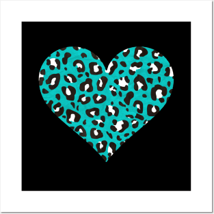 Teal, Black, and White Leopard Print Heart Posters and Art